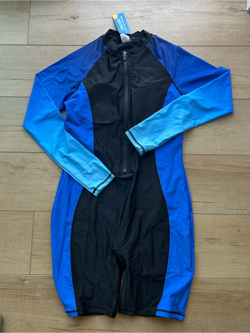 Black and Blue Long-Sleeve Zip Front One-Piece Swimsuit - Picture 2 of 6